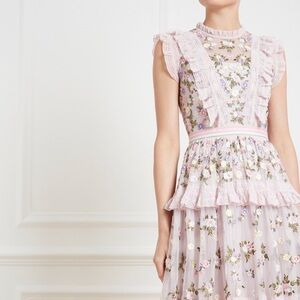 Needle & Thread Pale Pink Floral Lace Ruffle Midi Dress